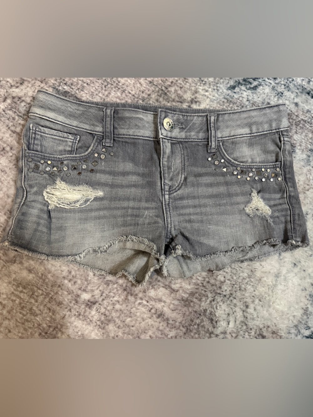 Express Gray Distressed Denim Shorts with Stud Accents